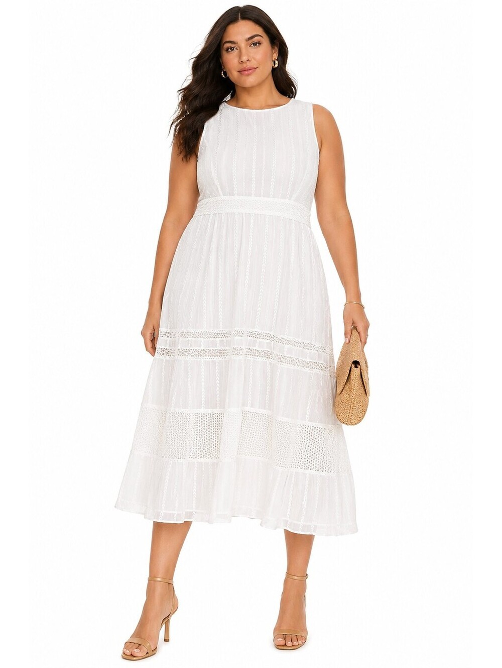 Taylor Ivory Embroidered Boatneck Midi Dress Sleeveless Fit Flare Size 12